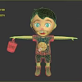 Cute Cartoon Game Movie Character with Brown Hair Big Eyes Holding Green Bucket Arms Outstretched