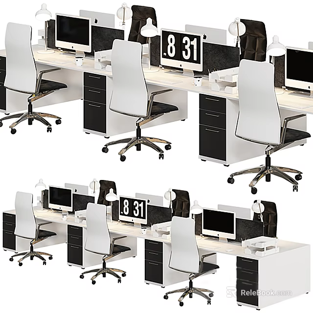 Modern Office Workstations With Ergonomic Chairs Computer Monitors Digital Clocks Desk Lamps And Filing Cabinets 3d model