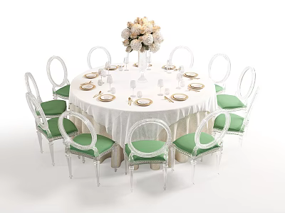 Elegant Round Dining Table With Transparent Chairs Green Cushions And White Flower Bouquet 3d model
