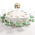 Elegant Round Dining Table With Transparent Chairs Green Cushions And White Flower Bouquet