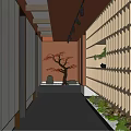Elegant Hotel Corridor With Wooden Grid Walls Recessed Lighting And Green Plant Decorations