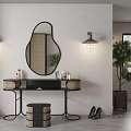 Elegant Vanity Table With Oval Mirror Wall Lamps Woven Baskets Stool And Plant