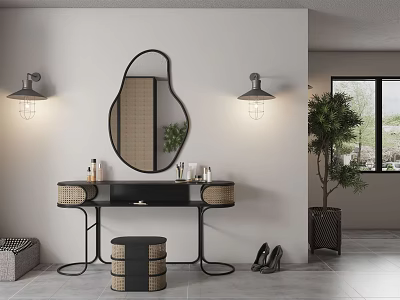 Elegant Vanity Table With Oval Mirror Wall Lamps Woven Baskets Stool And Plant 3d model