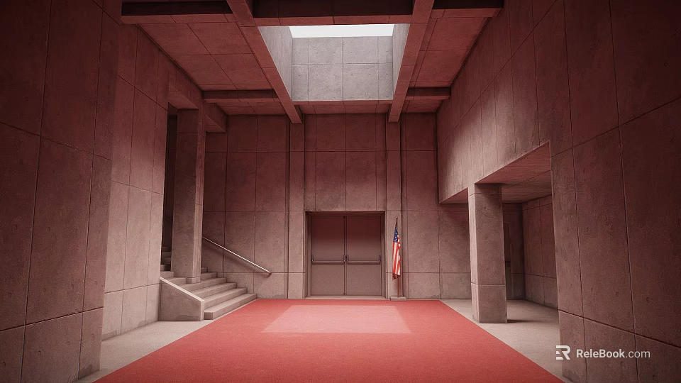 Interior Scene With Concrete Structure Skylight Red Carpet Staircase Elevator Doors And Flag 3d model 
