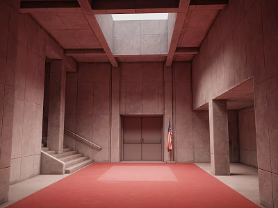 Interior Scene With Concrete Structure Skylight Red Carpet Staircase Elevator Doors And Flag 3d model