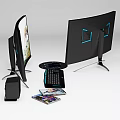 Gaming Computer Setup With Monitor Displaying Game Character Black Speakers Keyboard And Game Discs