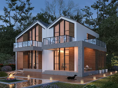 Two Story Modern Single Family House Featuring Large Windows Balcony Glass Railings And Courtyard Pool 3d model