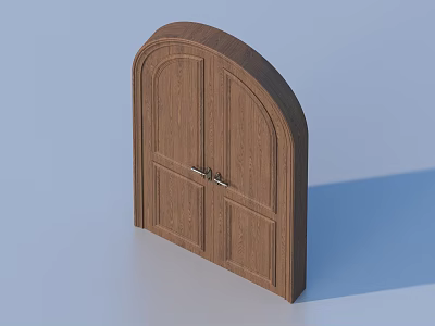Wooden Double Doors with Arched Top and Decorative Panels and Metal Door Handles 3d model