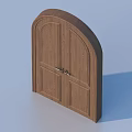 Wooden Double Doors with Arched Top and Decorative Panels and Metal Door Handles