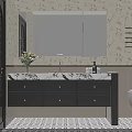 Modern Bathroom Interior With Black Vanity Marble Countertop Mirror Pendant Lights And Patterned Wall