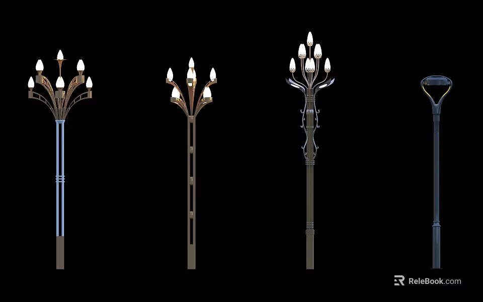 Different Design Outdoor Lights Featuring Multiple Bulbs And Decorative Metal Poles 3d model 