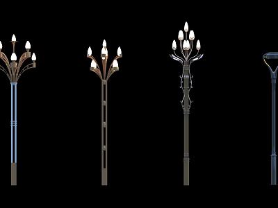Different Design Outdoor Lights Featuring Multiple Bulbs And Decorative Metal Poles 3d model