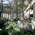 Serene Garden Landscape With Circular Platform Fire Pit Lounge Chair Water Feature And Greenery