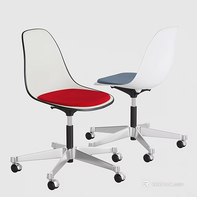 Modern Office Chair with Red Blue Cushion White Backrest Black Frame and Silver Wheels 3d model 