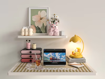 Cute Decorative Ornament Combination With Pink Pig Vase Framed Art Table Lamp And Tablet 3d model