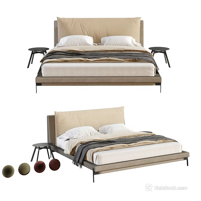 Modern Double Bed Interior With Beige White Pillows Striped Blanket And Side Stools 3d model