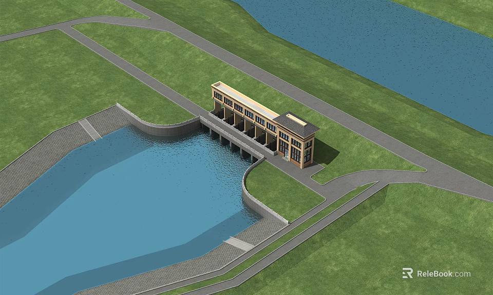 Aerial View Of Dam Structure With Water Reservoir And Green Surroundings 3d model 