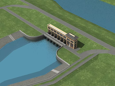 Aerial View Of Dam Structure With Water Reservoir And Green Surroundings 3d model