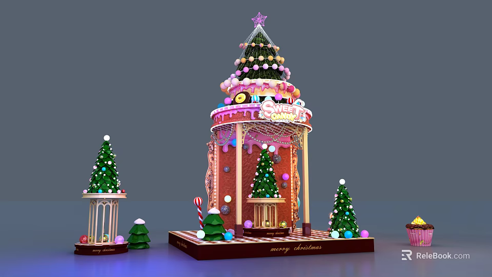 Christmas Gingerbread House Display With Small Trees Candy Decorations And Merry Christmas Sign 3d model 