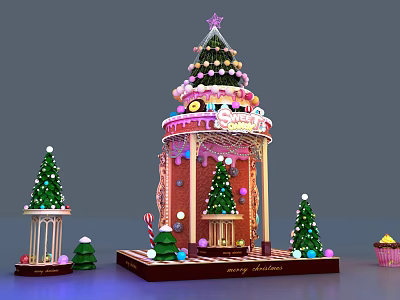 Christmas Gingerbread House Display With Small Trees Candy Decorations And Merry Christmas Sign 3d model