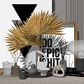 Decorative Ornament Set With Golden Palm Leaves Black White Painting Ceramic Ornaments Diffuser And Candle