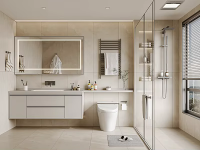 Modern Bathroom Interior With Large Mirror Wall Mounted Vanity And Glass Shower Enclosure 3d model