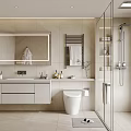 Modern Bathroom Interior With Large Mirror Wall Mounted Vanity And Glass Shower Enclosure