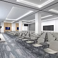 Modern Spacious Conference Room With Arranged Chairs Large Screen Decorative Paintings And Recessed Lighting