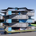 Hexagonal Guesthouse Building With Blue Roof And Multi Story Design Central Courtyard And Paved Ground