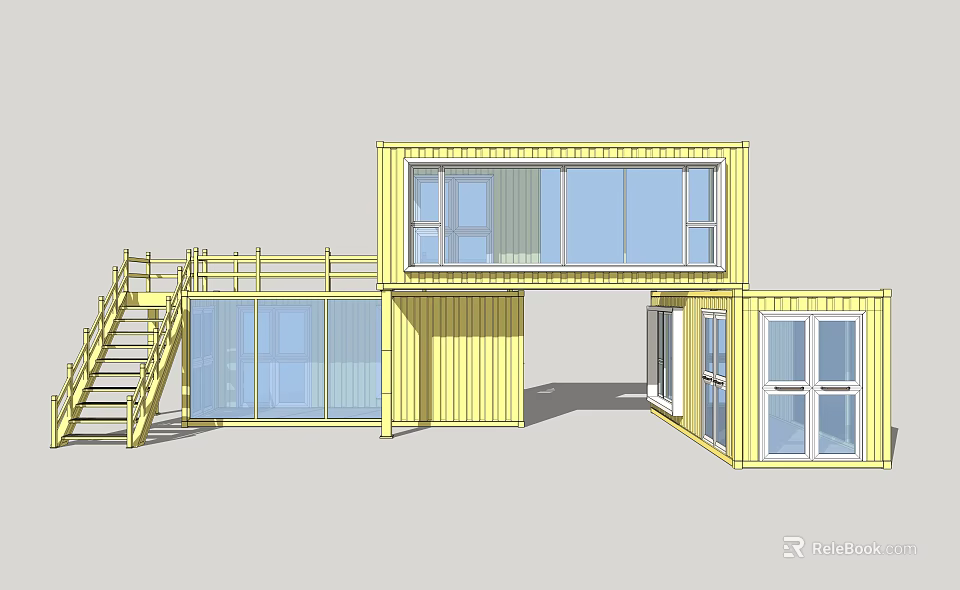 Yellow Two Story Container Building With Large Windows And Staircase Design 3d model