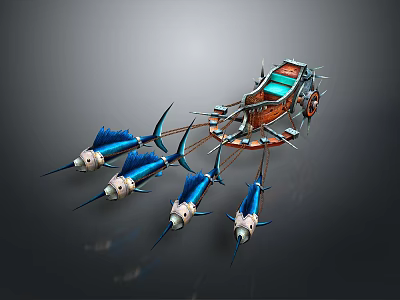 Mythical Ornate Chariot Pulled by Multiple Blue Swordfish With Green Seat And Decorative Structure 3d model