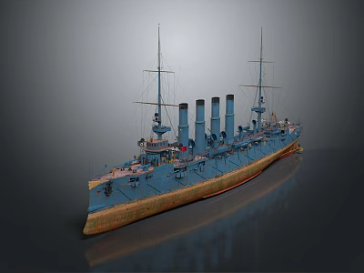 Vintage Battleship as Water Transport with Multiple Funnels Masts and Blue Brown Hull 3d model
