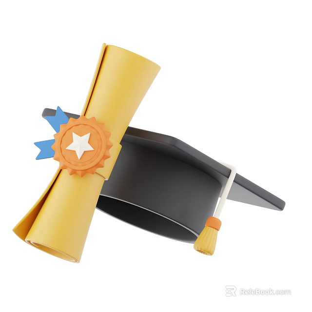 Graduation Themed Decorative Ornament Set With Yellow Scroll Star Badge And Black Cap 3d model 