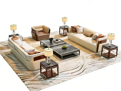 Modern Sofa Coffee Table Set With Armchair Side Tables Lamps And Rug 3d model