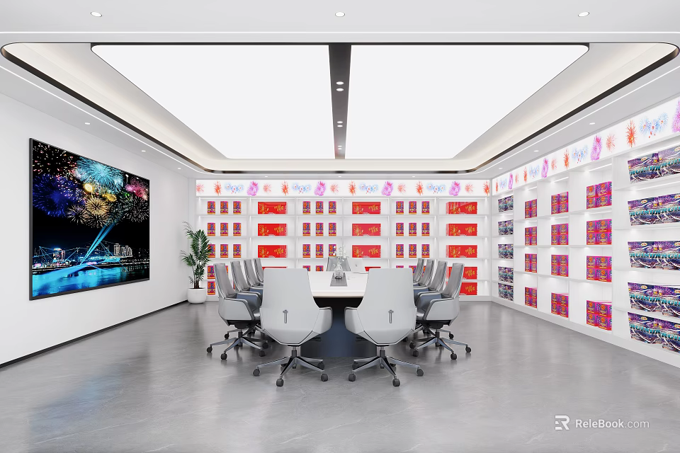 Specialty Store Interior Featuring Shelves With Colorful Products And Meeting Table With Chairs 3d model 