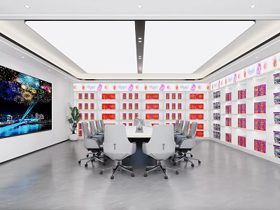 Specialty Store Interior Featuring Shelves With Colorful Products And Meeting Table With Chairs 3d model
