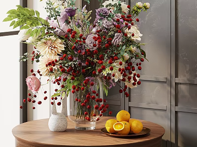 Vase with Colorful Flowers and Berries on Wooden Table with Lemons Against Gray Background 3d model
