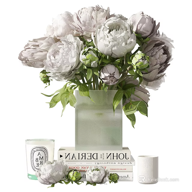 Elegant White Peonies In Frosted Glass Vase With Green Leaves And Stacked Books 3d model 