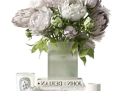 Elegant White Peonies In Frosted Glass Vase With Green Leaves And Stacked Books 3d model