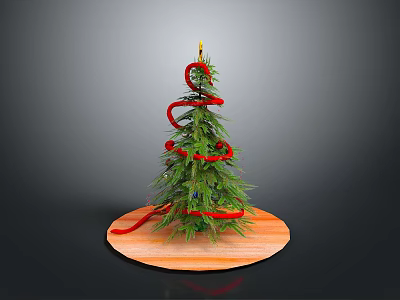 Decorated Christmas Tree On Wooden Circular Base With Red Ribbon Wrapped Around Branches 3d model