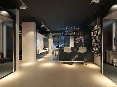 Modern Retail Showroom Interior With Display Shelves Seating And Ambient Lighting 3d model