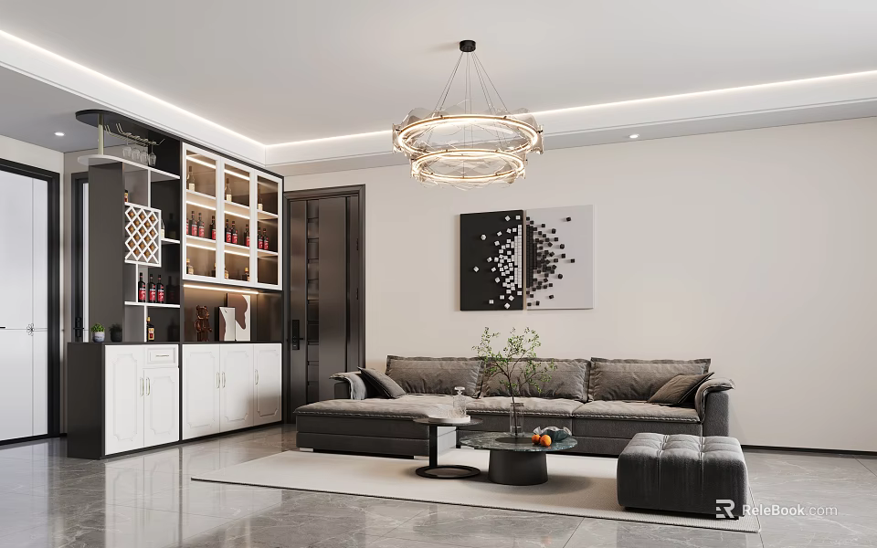 Modern Living Room Interior With Grey Sofa Chandelier Abstract Painting And White Display Cabinet 3d model 