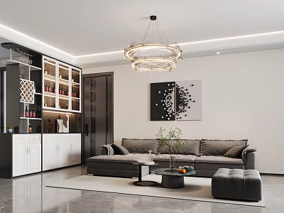 Modern Living Room Interior With Grey Sofa Chandelier Abstract Painting And White Display Cabinet 3d model