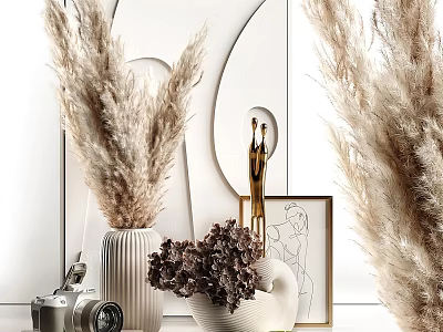 Modern Decorative Ornaments Set With Pampas Grass Vases Golden Figurine Picture Frame And Camera 3d model