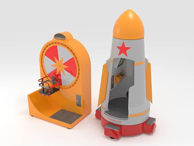 Colorful Basketball Shooting Game and Rocket Shaped Play Equipment with Star Patterns and Red Accents 3d model