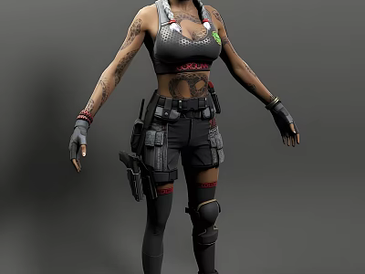Woman In Tactical Gear With Detailed Tattoos Vest Shorts Knee Pads And Gloves 3d model