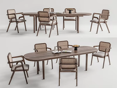 Modern Oval Wooden Dining Table Set With Six Fabric Seated Chairs And Tabletop Bowl 3d model