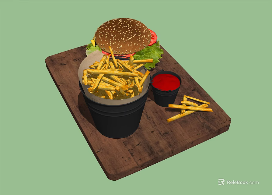 Delicious Burger With Fresh Fries And Ketchup Served On Wooden Tray 3d model 