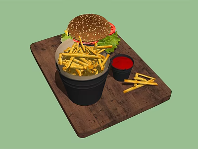 Delicious Burger With Fresh Fries And Ketchup Served On Wooden Tray 3d model