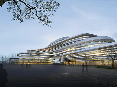Modern Office Building With Unique Curved Design Glass Curtain Walls Surrounding Trees And Illuminated Exterior 3d model